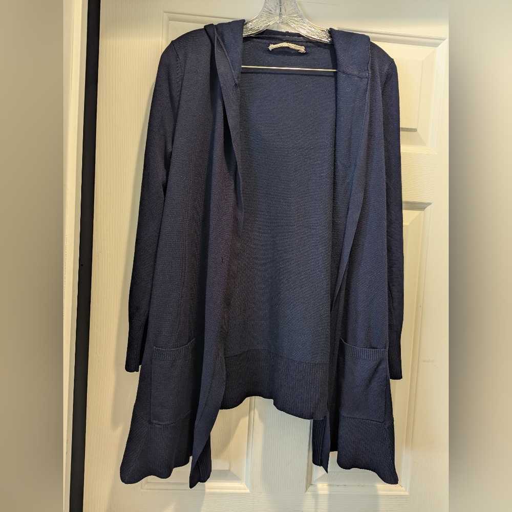 Pointelle Navy Blue Open Front Hooded Cardigan Sweater Pockets Sz Large  *flaw